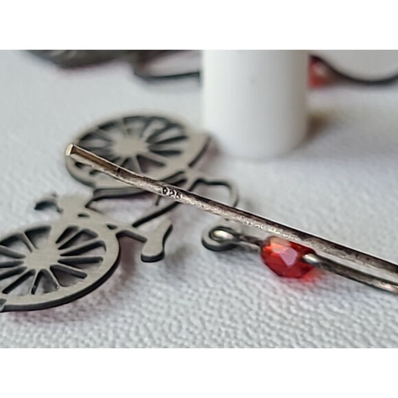 925 Sterling Silver Hook Red Bicycle Shaped Dangling Pierced Plastic Earrings - Picture 7 of 10